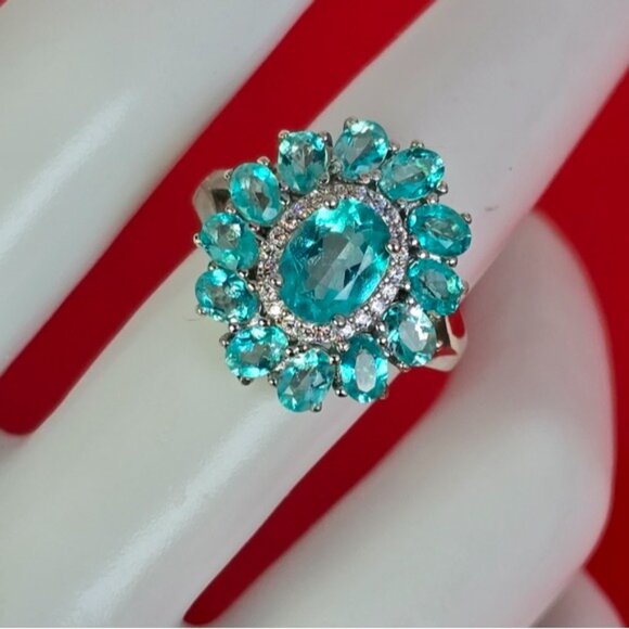 925 Sterling Silver Jewelry Set with Natural Paraiba Topaz Gemstone & Cz - Picture 5 of 14